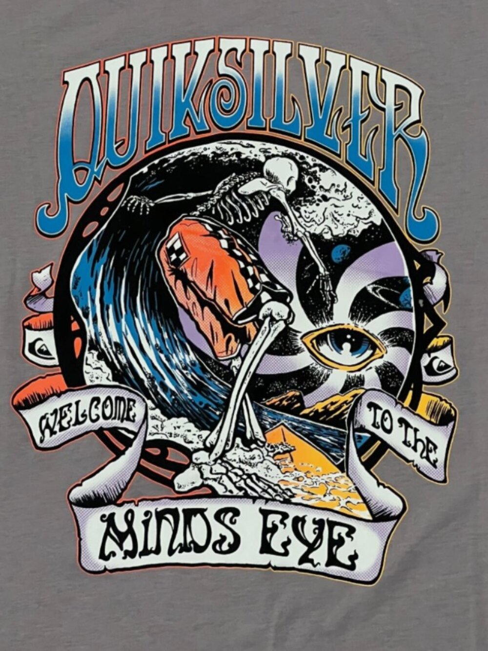 L QUIKSILVER Mens Tee Shirt Top Surf Surfing Skeleton Wave Skull Beach Minds Eye